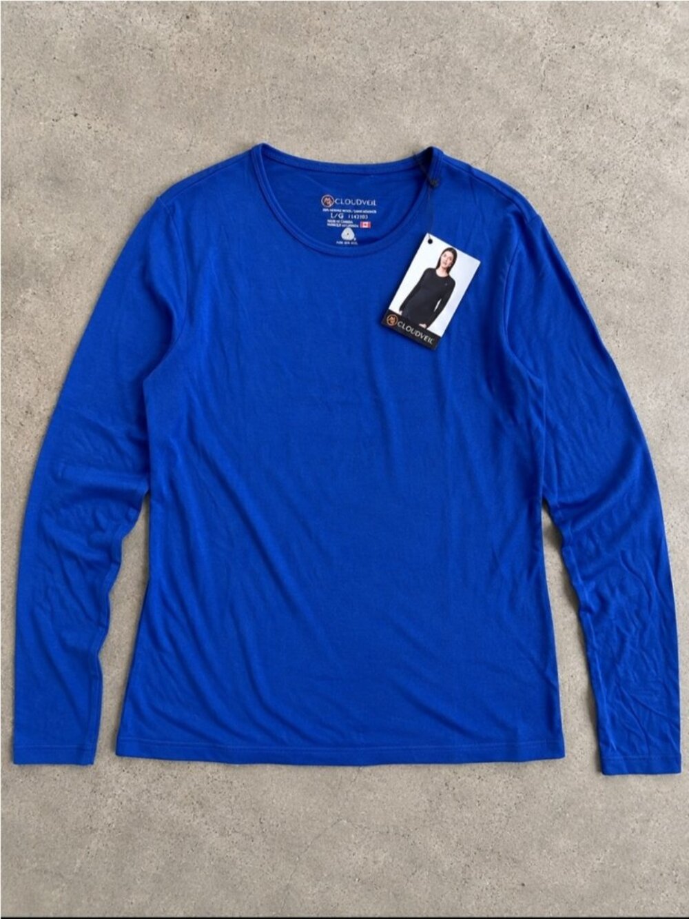 Cloudveil 100% Merino Wool Long Sleeve Base Layer Shirt Blue L Made Canada